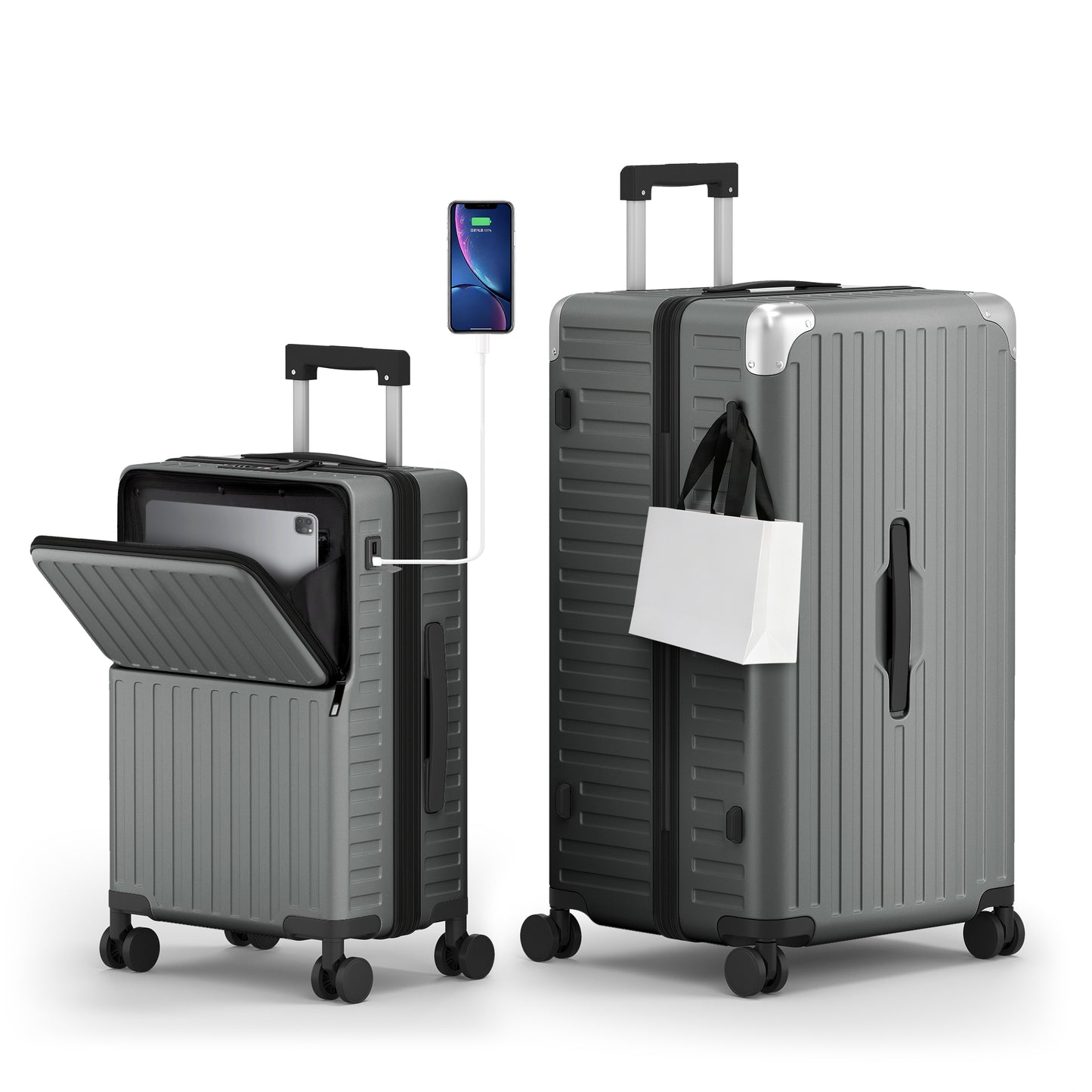 SUMMIT LIVING 2 Piece Hardside Luggage Set, 20 inch Carry on Suitcase & 28 inch Checked Trunk with Lightweight PC & Aluminum, Top Opening, TSA locks, Spinner Wheels, USB Charging, Dark Gray