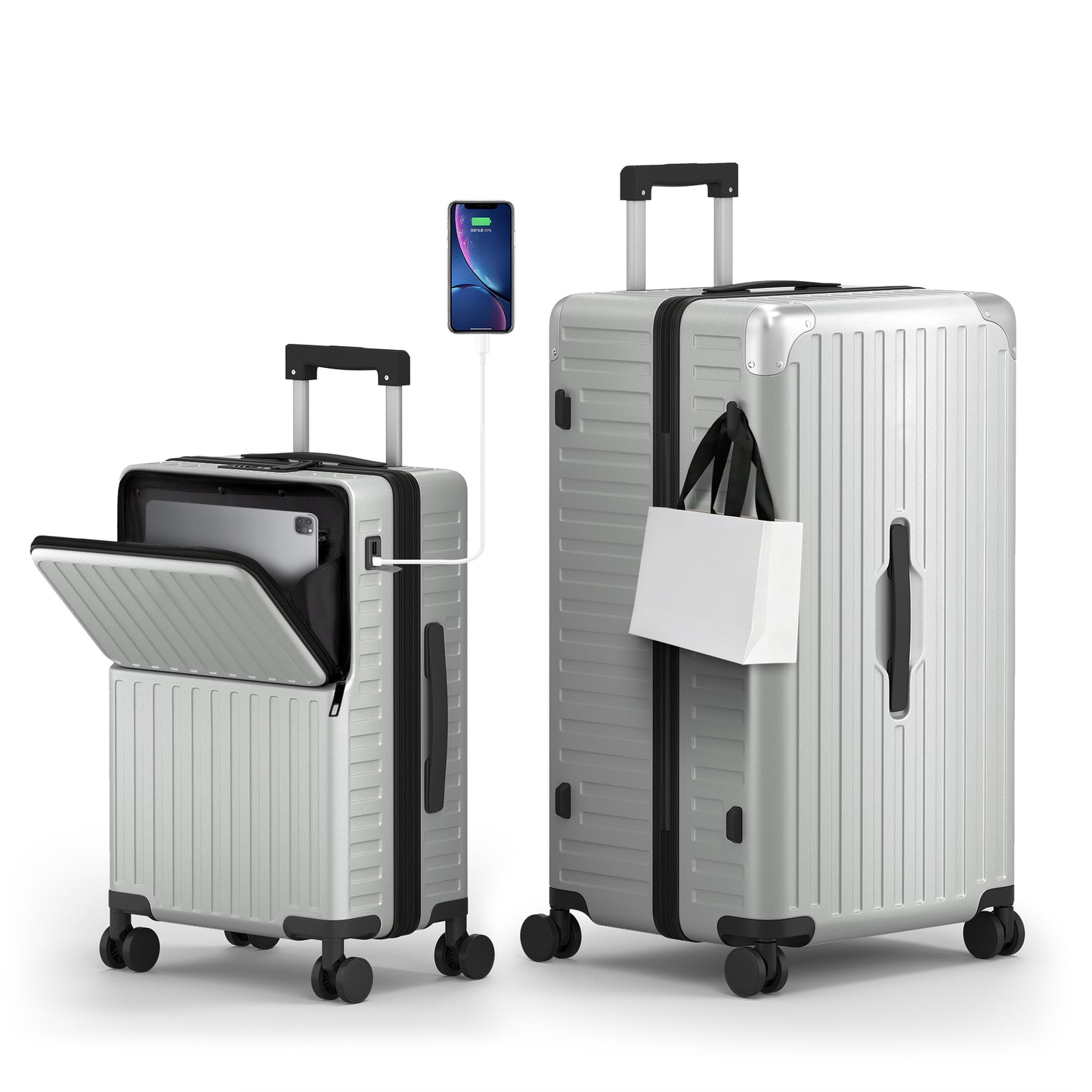 SUMMIT LIVING 2 Piece Hardside Luggage Set, 20 inch Carry on Suitcase & 28 inch Checked Trunk with Lightweight PC & Aluminum, Top Opening, TSA locks, Spinner Wheels, USB Charging, Silver Gray