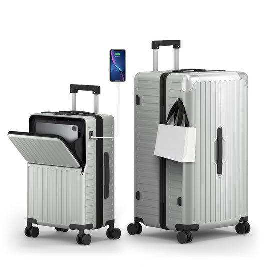 SUMMIT LIVING 2 Piece Hardside Luggage Set, 20 inch Carry on Suitcase & 28 inch Checked Trunk with Lightweight PC & Aluminum, Top Opening, TSA locks, Spinner Wheels, USB Charging, Silver Gray
