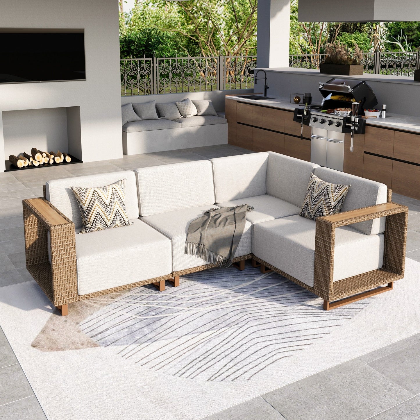 MF Studio 3-Piece Outdoor Furniture Set for 4, Wicker Patio Conversation Set, L Shaped Outdoor Sectional Sofa with Thick Cushions, Beige