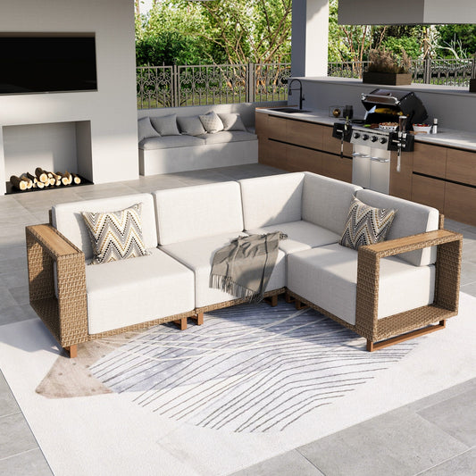 MF Studio 3-Piece Outdoor Furniture Set for 4, Wicker Patio Conversation Set, L Shaped Outdoor Sectional Sofa with Thick Cushions, Beige