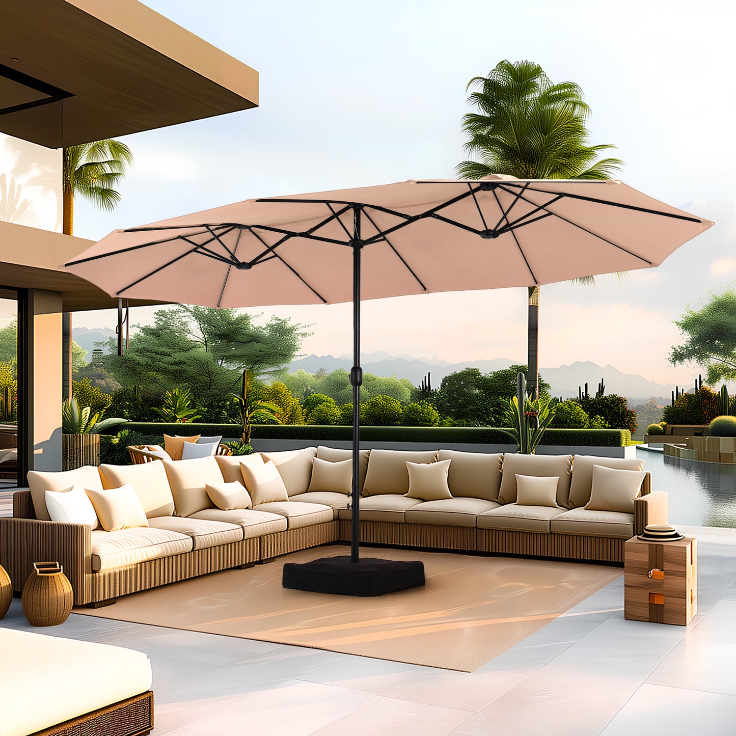SUMMIT LIVING 15ft Double-Sided Patio Umbrella with Base Large Outdoor Table Umbrella Beige