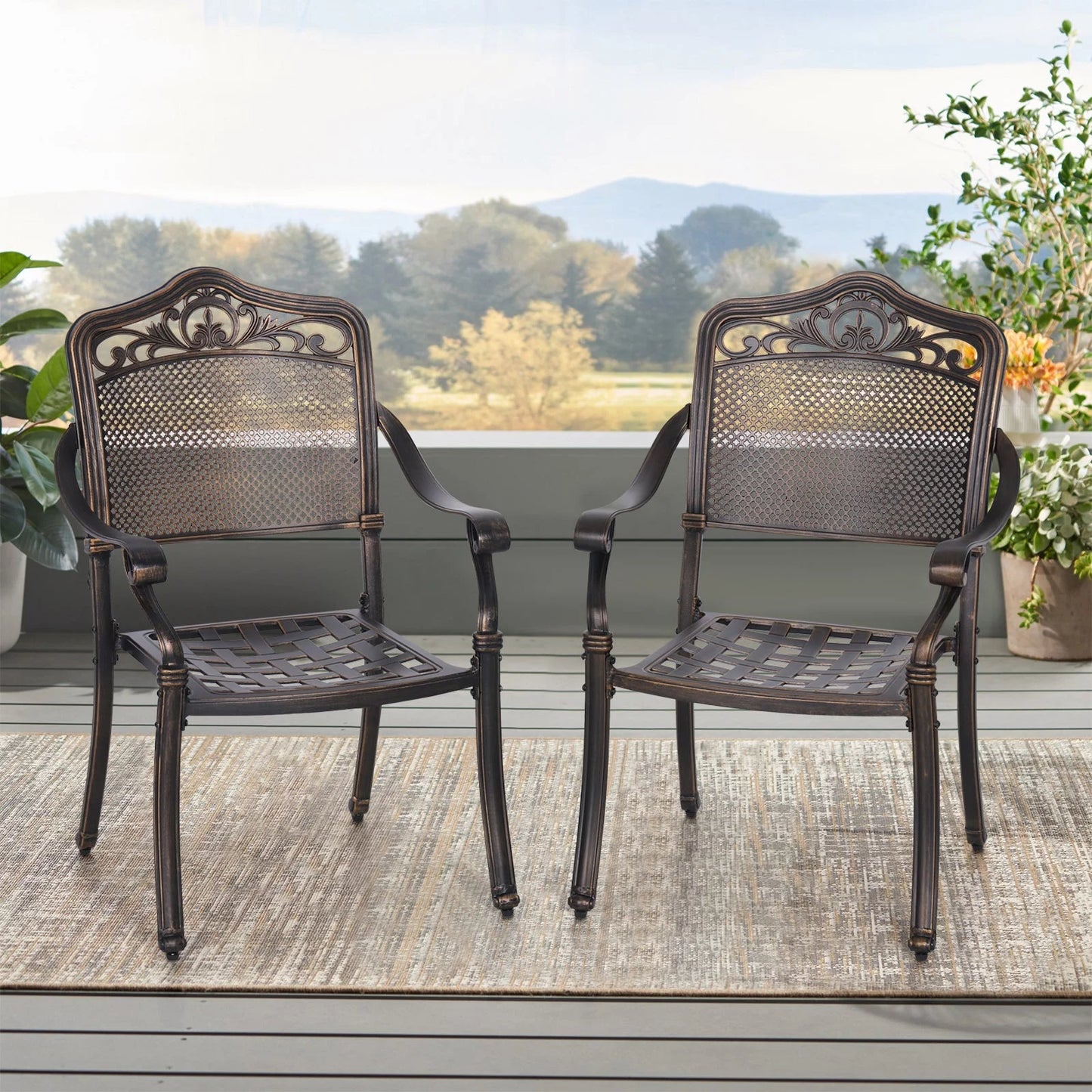 MF Studio 2-Piece Cast Aluminum Outdoor Patio Dining Chairs with Curvy Appearance, Antique Bronze