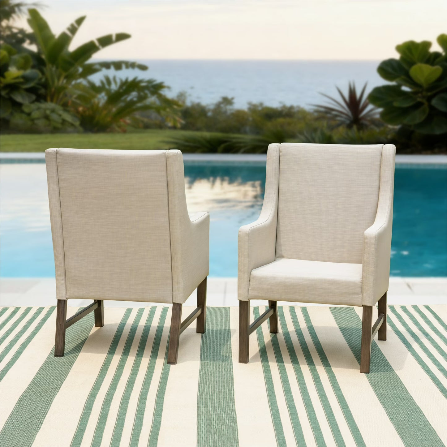 MF Studio 2-Piece Outdoor Patio Upholstered Parsons Dining Chairs Metal Furniture with Arms & Textilene Fabric, Beige