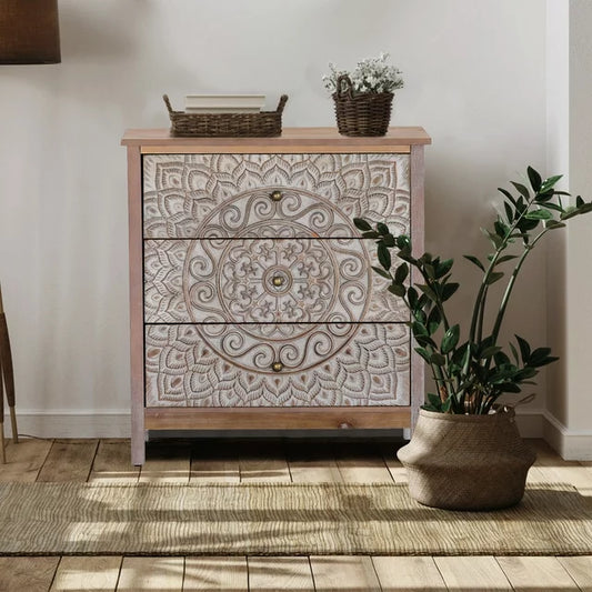 MF Studio 3 - Drawer Accent Chest Washed Wood Finish with Carved Pattern, Brown & White