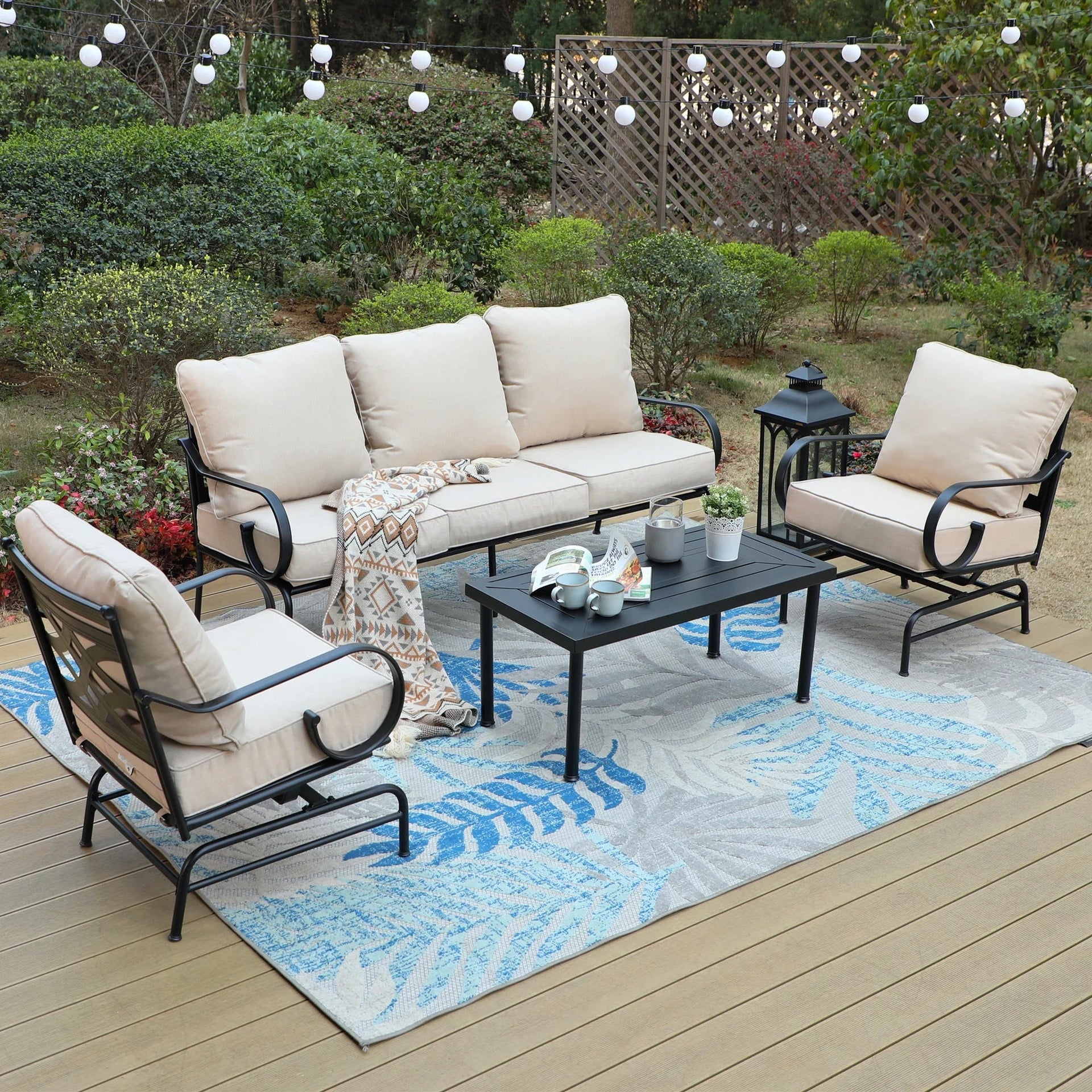 MF Studio 4-Piece Outdoor Conversation Set with Club Rocking Chairs&3-Seat  Sofa, 5-Person Patio Seating Group with Cushions, Black&Beige