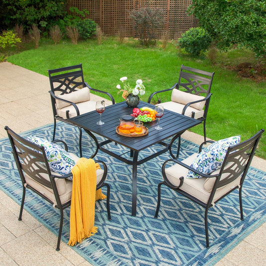 MF Studio Set of 5 Outdoor Dining Set with 4-Piece Cushion Padded Armchairs & 1-Piece Square Table for Dinner&Party, Black&Beige