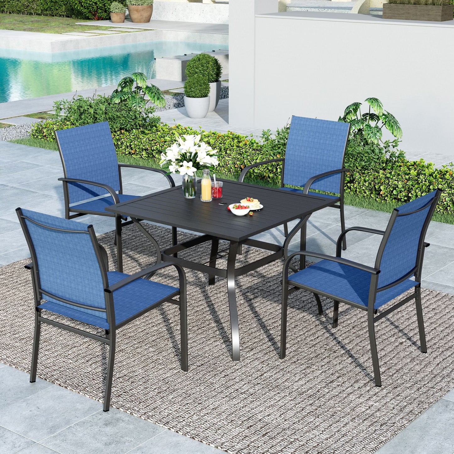 SUMMIT LIVING 5-Piece Outdoor Patio Dining Set with Metal Steel Square Table & Textilene Chairs for 4-Person, Black & Blue