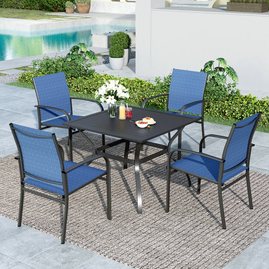 SUMMIT LIVING 5-Piece Outdoor Patio Dining Set with Metal Steel Square Table & Textilene Chairs for 4-Person, Black & Blue