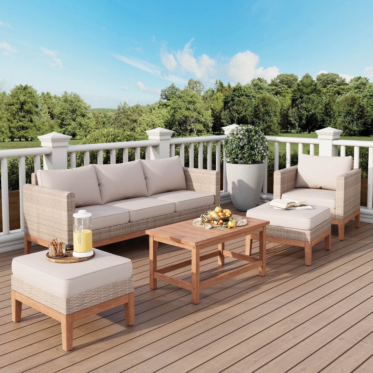 MF Studio 5 Pieces Outdoor Patio Conversation Set Wicker Furniture Sectional Sofa Set with Solid Acacia Wood Frame - Beige