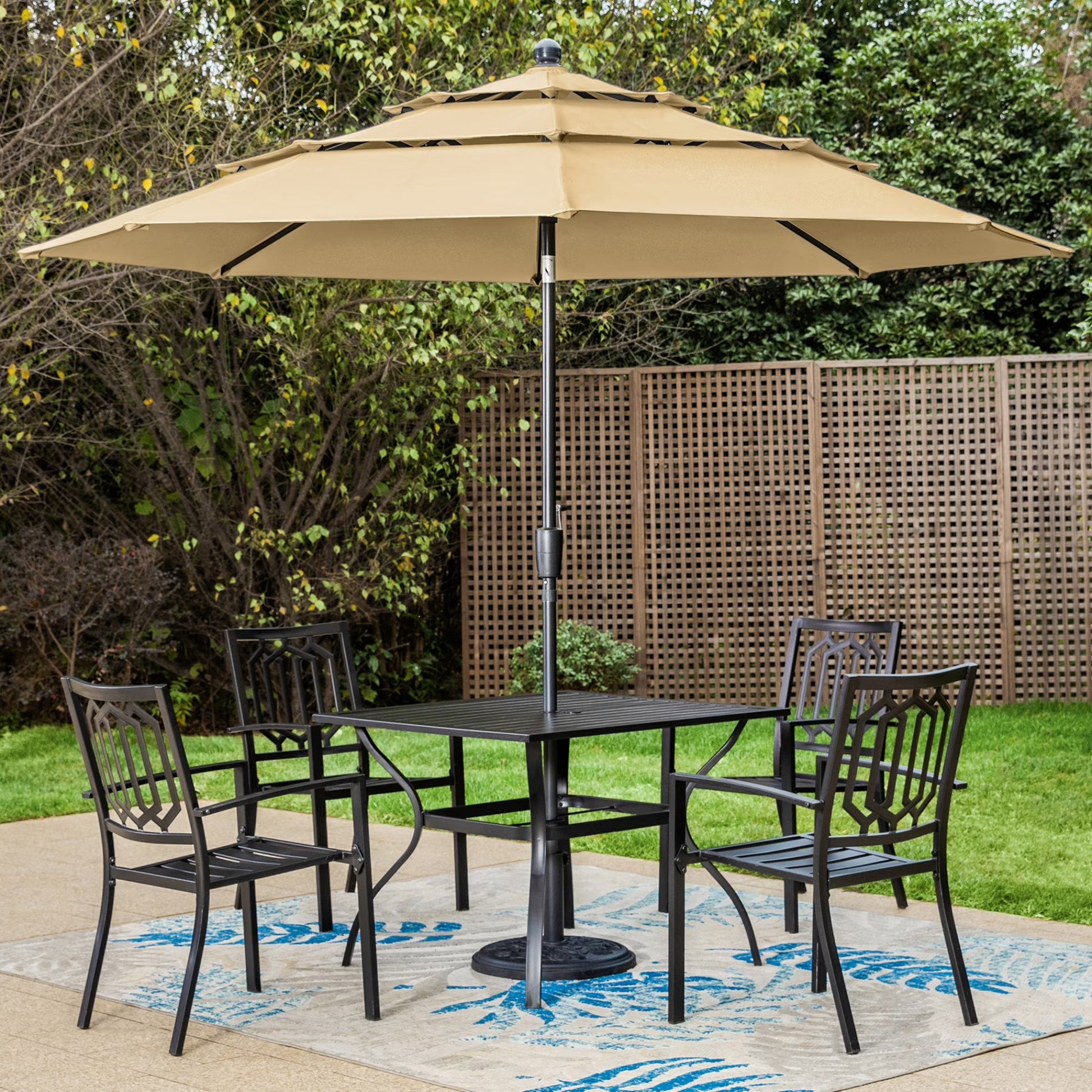 SUMMIT LIVING 6-Piece Outdoor Patio Set with 10 FT Umbrella , 4 Metal Steel Stacking Chairs &1 PC Square Dining Table, All Weather-resistant, Beige Umbrella – summitlivin