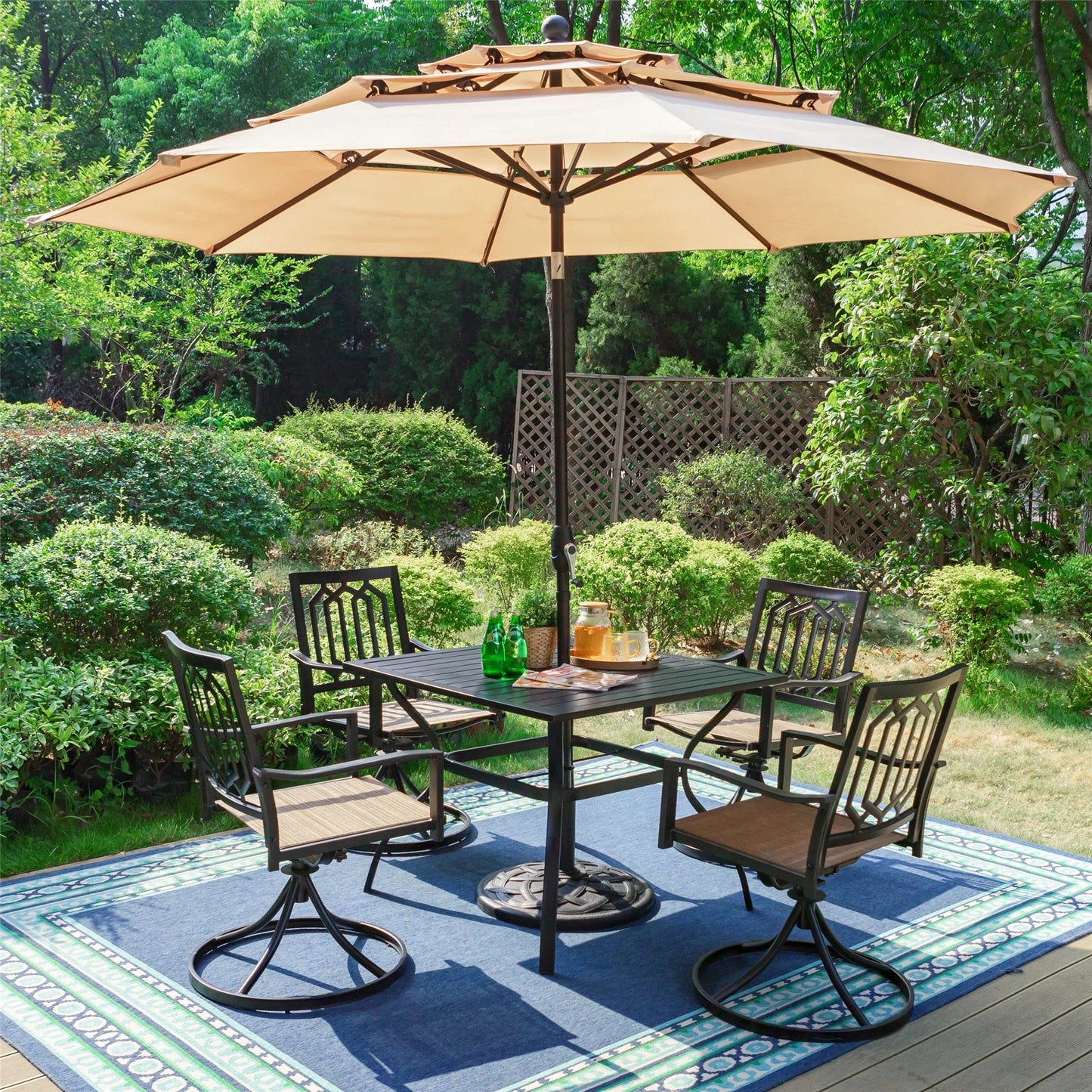 MF Studio 6-Piece Outdoor Patio Dining Set with 10 FT Umbrella, 360-degree Swivel Chairs with Breathable Textilene Seats & 37" Square Table, Black Steel Frame & Beige Umbrella