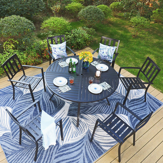 MF Studio 7-Piece Outdoor Patio Dining Set with 6-Person Round Table & Stacking Chairs, Vertical Slat Pattern, Black