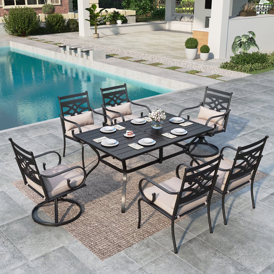 MF Studio 7-Piece Outdoor Patio Dining Set with 4 Pieces Ding Chairs & 2 Pieces Swivel Chairs with Cushions & 1-Piece Slat Metal Table