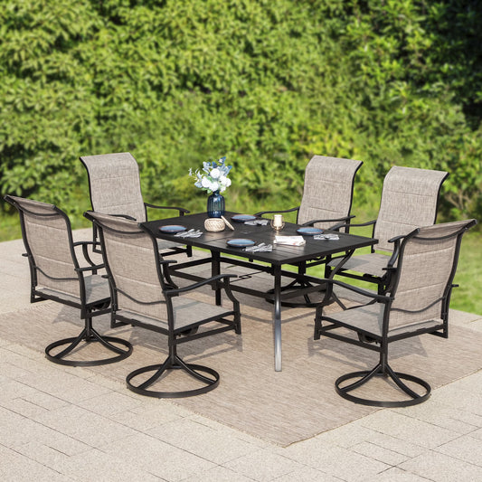 MF Studio 7 Piece Outdoor Dining Set with 6 Swivel Padded Chairs, All-Weather & Umbrella Support, Black & Gray
