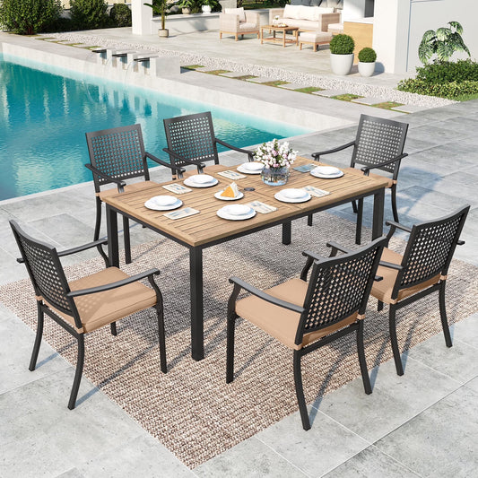 MF Studio 7-Piece Outdoor Patio Dining Set with 6 PCS Large Steel Armchairs&1 PC Rectangular Table with Umbrella Hole, All-weather Resistant, Black