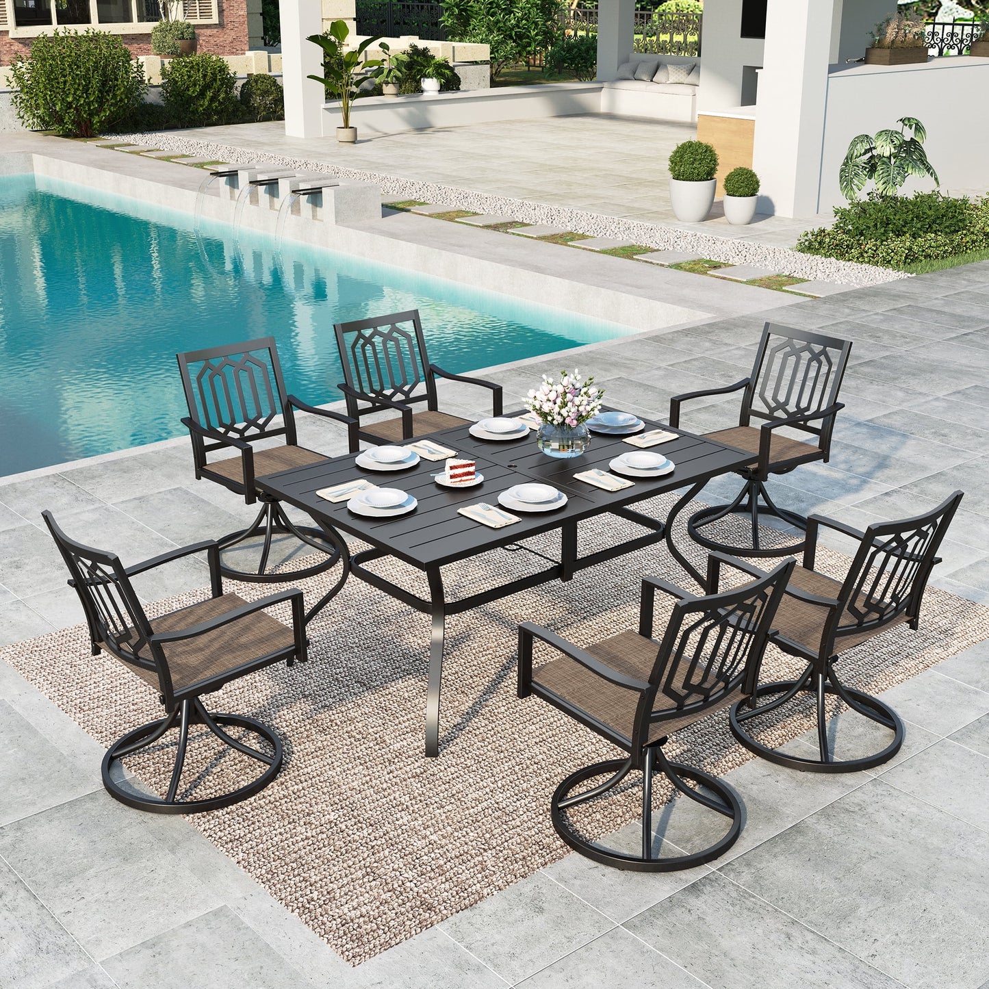 MF Studio 7-Piece Outdoor Patio Dining Set with 360° Swivel Chairs and Metal Steel Rectangular Table with Umbrella Hole, Black
