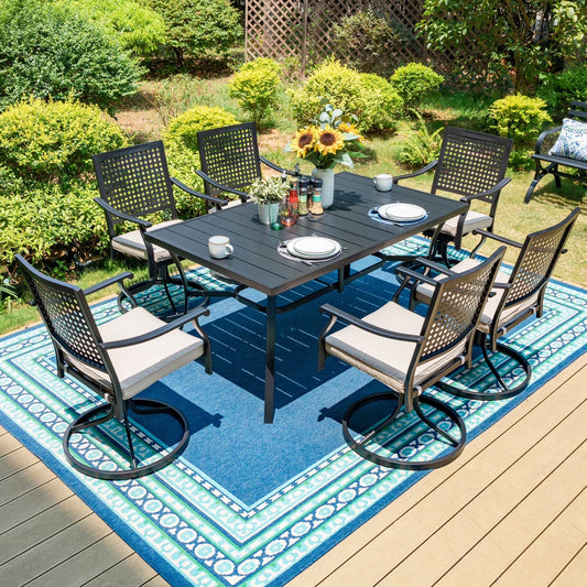 MF Studio 7-Piece Outdoor Patio Dining Set with 6 Swivel Chairs with Cushion and 1 Rectangular Metal Steel Table, Black & Beige
