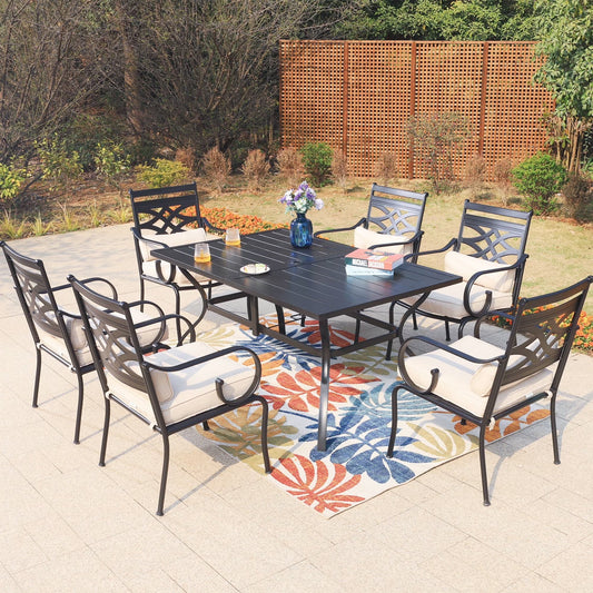 MF Studio 7-Piece Outdoor Dining Set with Cushioned Chairs&Rectangle Table for 6-Person, Black&Beige