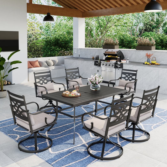 MF Studio 7-Piece Outdoor Patio Dining Set with Metal Dining Rectangle Table & 6 Pieces Swivel Chairs with with Removable Cushions & Pillows, Black & Beige