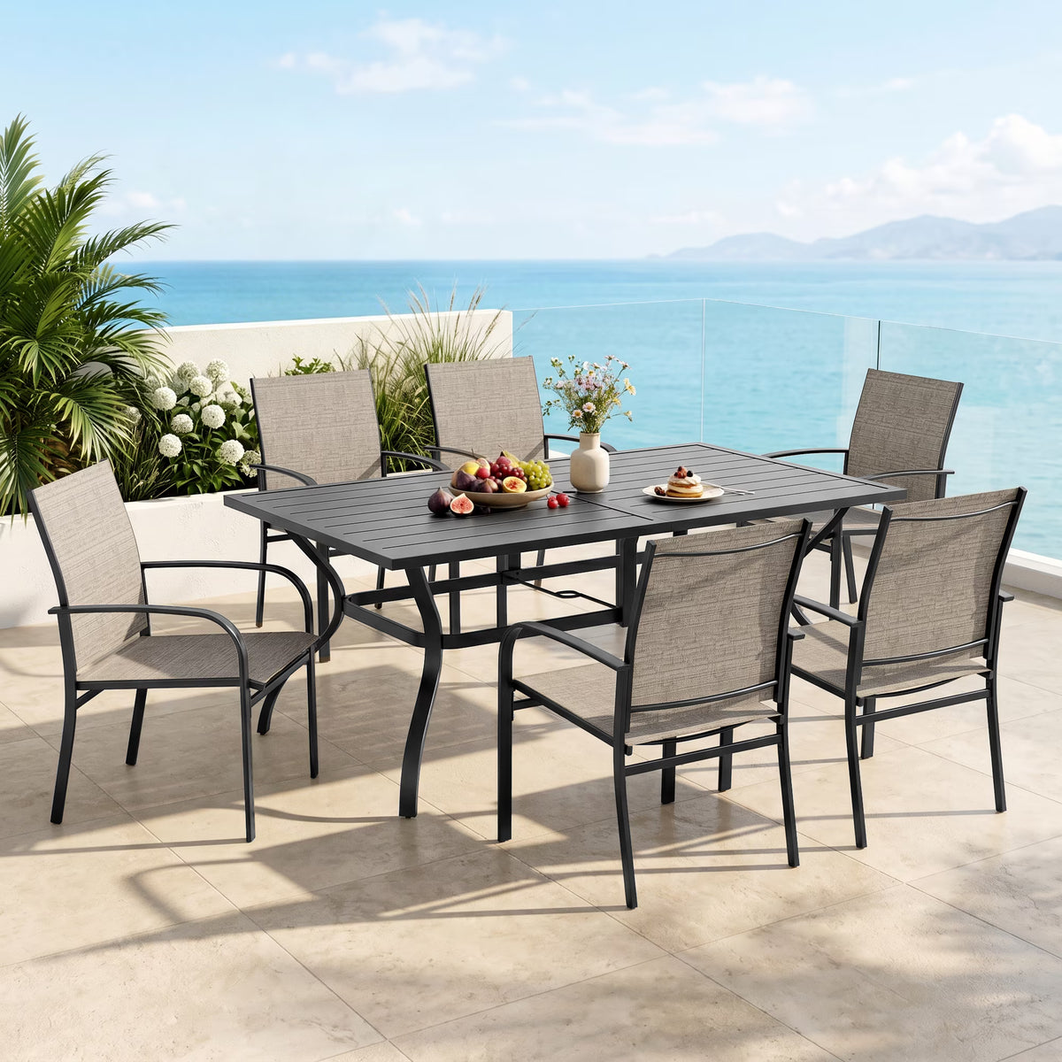 MF Studio 7-Piece Outdoor Patio Dining Set, Steel Table & Textilene Chairs for 6, Black & Brown