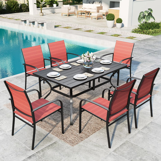 SUMMIT LIVING 7-Piece Outdoor Dining Set with Rectangle Steel Table&Textilene Chairs for 6-Person, Black&Red