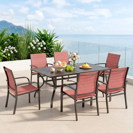 SUMMIT LIVING 7-Piece Outdoor Dining Set with Rectangle Steel Table&Textilene Chairs for 6-Person, Black&Red
