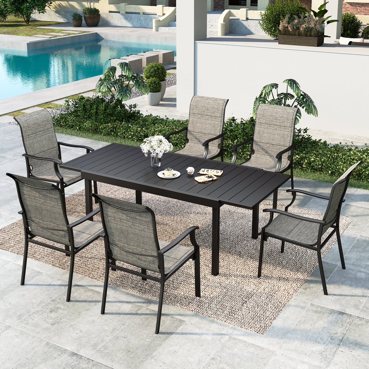 MF Studio 7 Pieces Outdoor Patio Dinning Set with 6 Pieces Padded Textilene Chairs & Metal Steel Table, Black & Gray