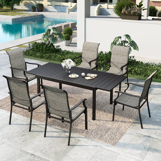 MF Studio 7 Pieces Outdoor Patio Dinning Set with 6 Pieces Padded Textilene Chairs & Metal Steel Table, Black & Gray