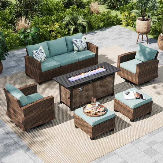 MF Studio 7-Seater Outdoor Patio Furniture Set with Swivel Chair Sofa and Fire Pit Table Wicker Patio Sectional Conversation Set - Blue