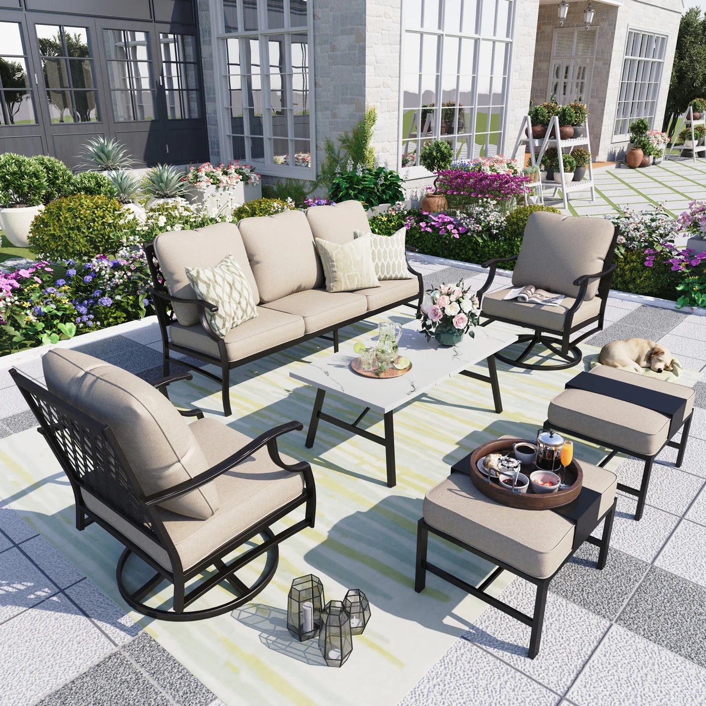 MF Studio 7-Seater Patio Conversation Set Metal Outdoor Patio Furniture Set with Swivel Chairs, Beige