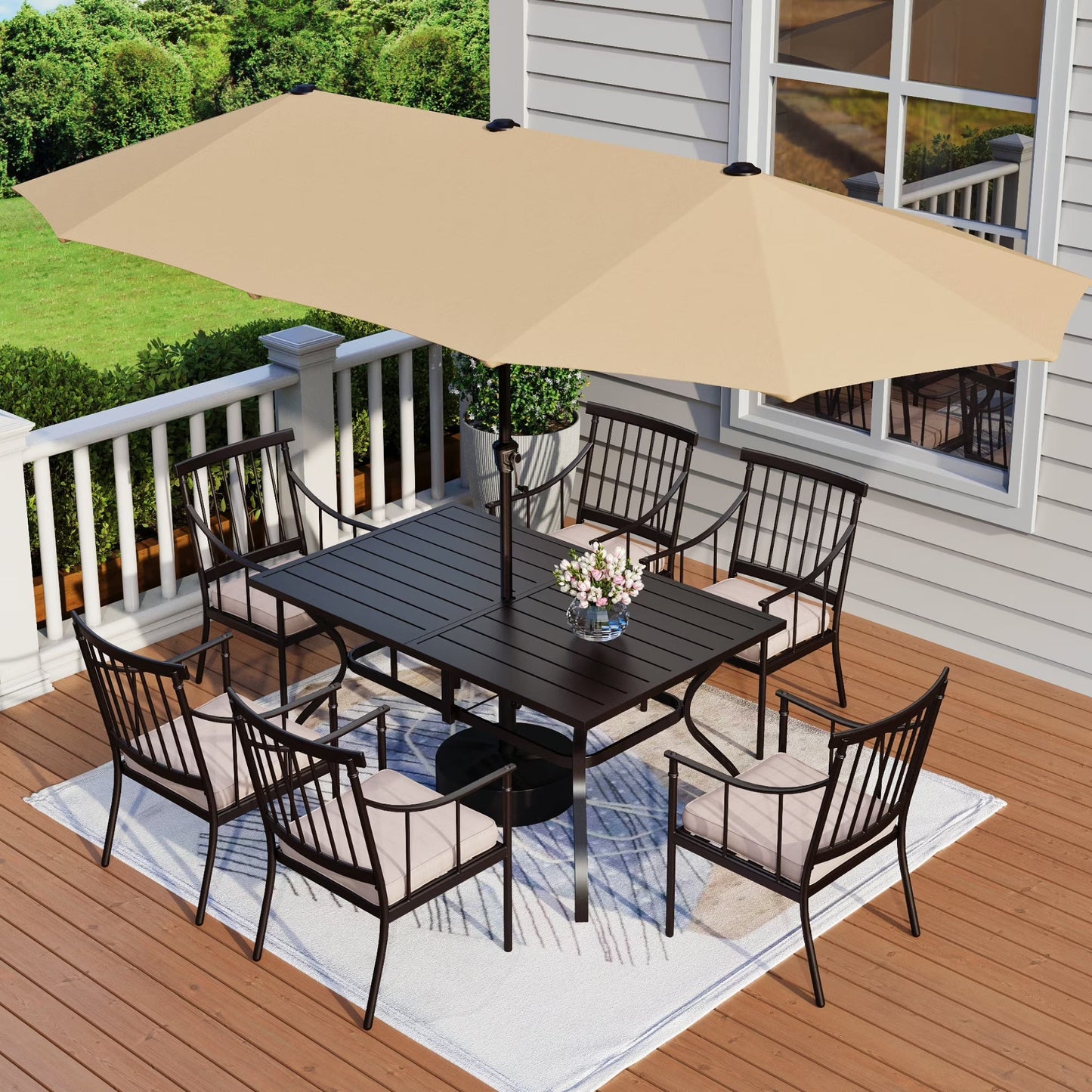 MF Studio 8-Piece Outdoor Patio Dining Set with 13 ft Umbrella, Cushioned Chairs & Table with Umbrella Hole, Black & Beige