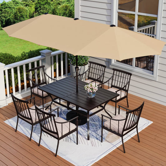 MF Studio 8-Piece Outdoor Patio Dining Set with 13 ft Umbrella, Cushioned Chairs & Table with Umbrella Hole, Black & Beige