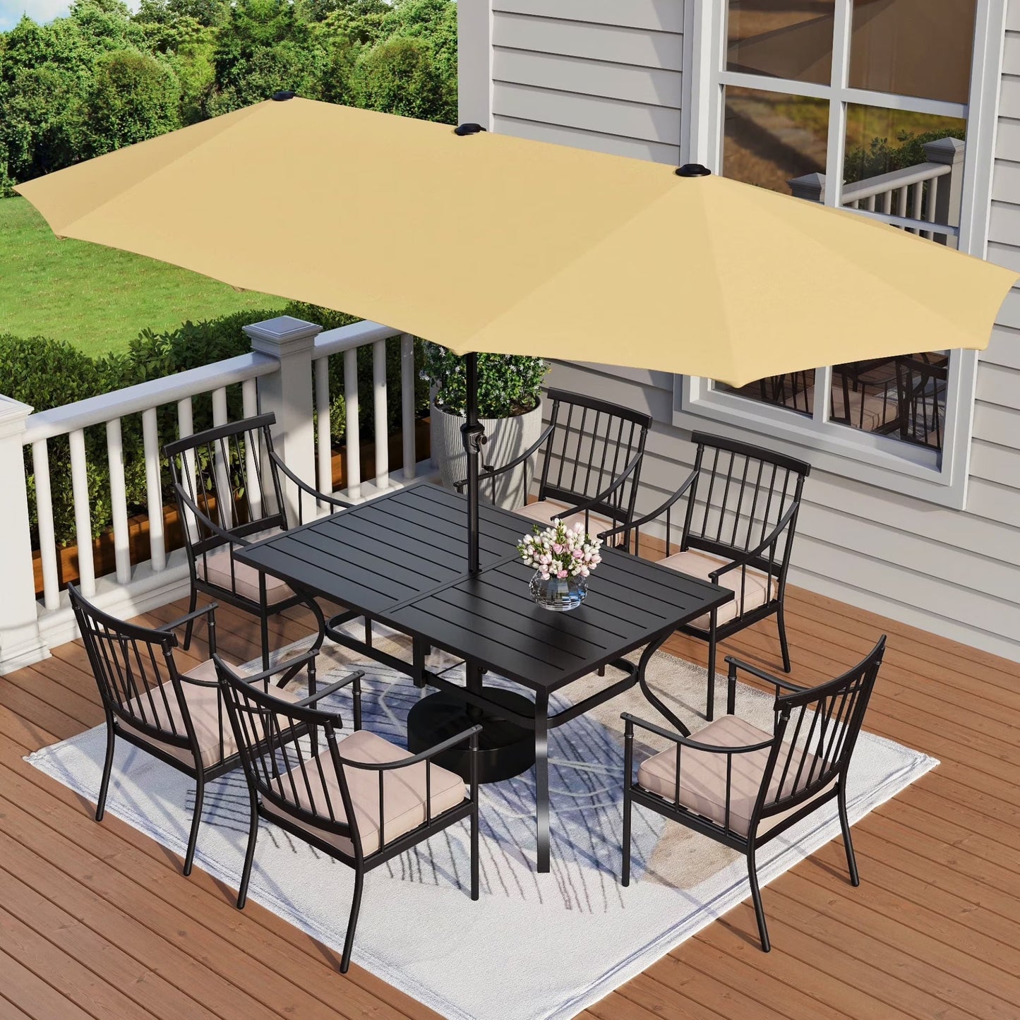 MF Studio 8-Piece Outdoor Patio Dining Set with 13 ft Umbrella Cushioned Chairs & Large Table for 6 Person, Black & Beige