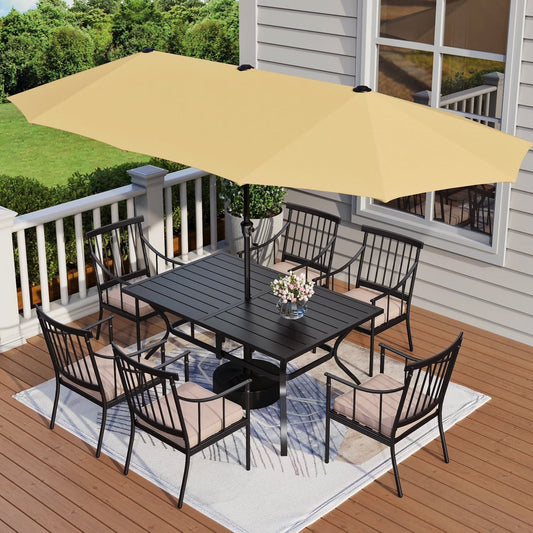 MF Studio 8-Piece Outdoor Patio Dining Set with 13 ft Umbrella Cushioned Chairs & Large Table for 6 Person, Black & Beige