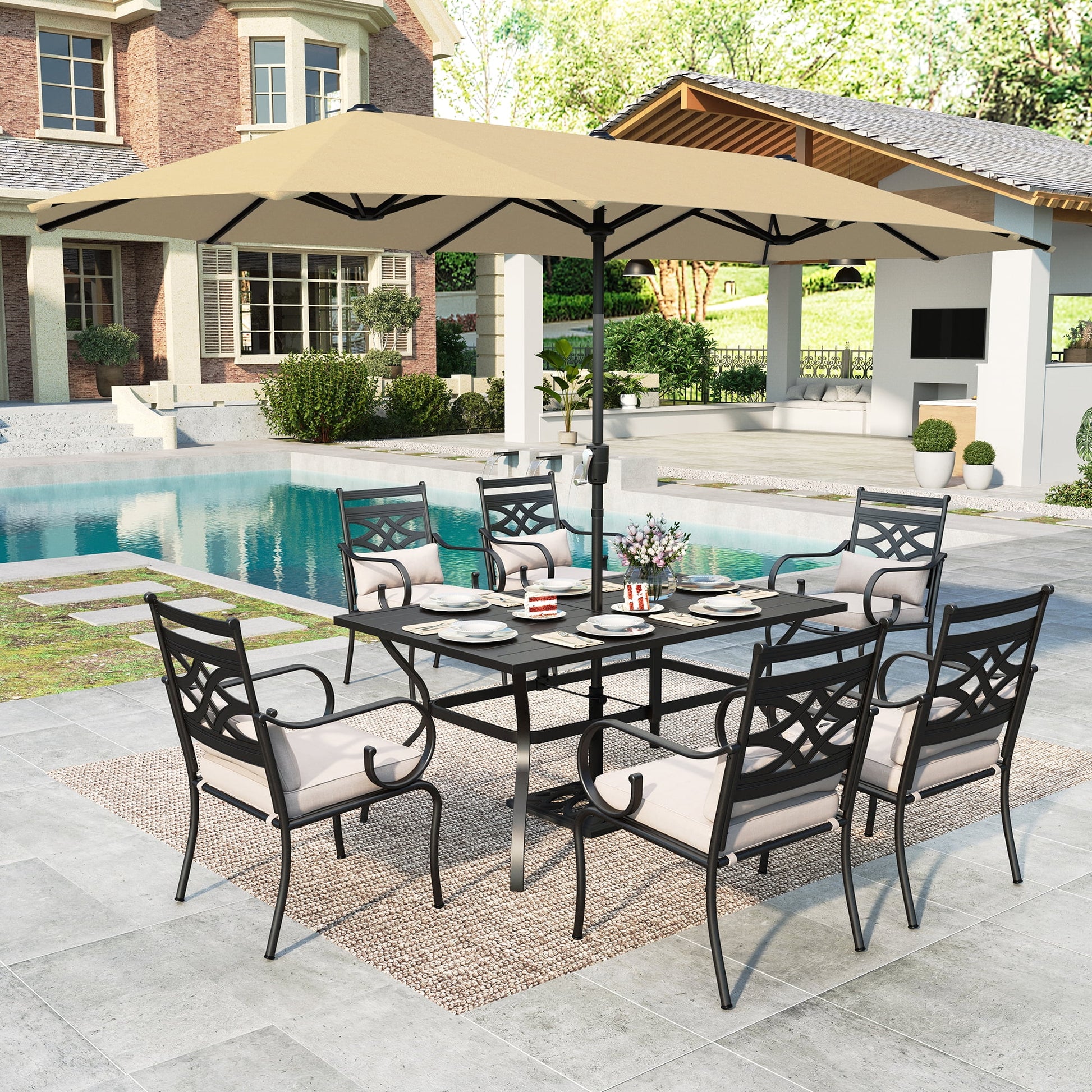 MF-Studio 8-Piece-Outdoor-Patio-Dining-Set-with-6- Cushioned-Chairs-Metal-Steel-Rectangle-Table-13-ft-Patio- Umbrella-Black-Beige