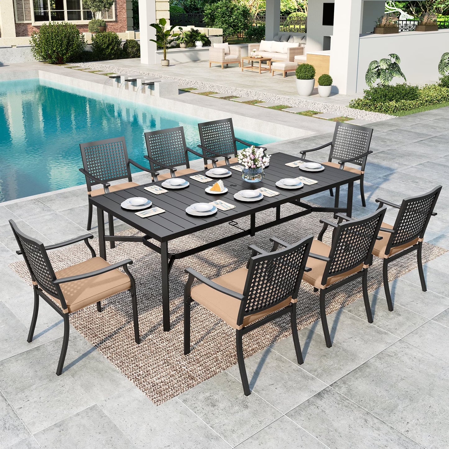 SUMMIT LIVING 9-Piece Outdoor Patio Dining Set with 8 Stackable Metal Armchairs with Cushions & 1 Metal Steel Rectangle Table with Umbrella Hole, Black & Brown