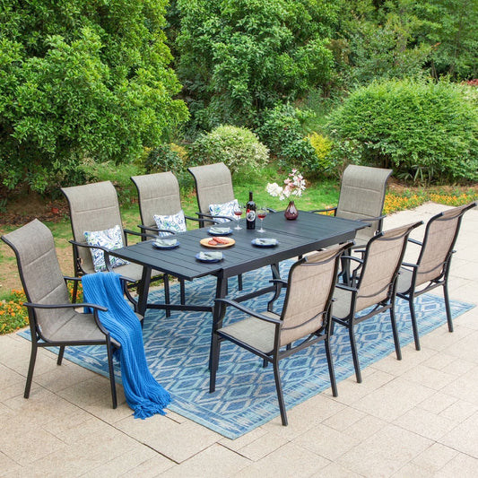 MF Studio 9-Piece Outdoor Patio Dining Set with Large Extendable Table & Textilene Armchairs for 8 Person, Black