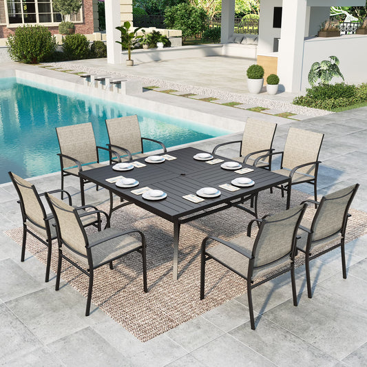 MF Studio 9-Piece Outdoor Patio Dining Set with Large Square Steel Table & Textilene Chairs for 8-Person, Steel Frame, Black & Brown