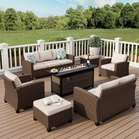 MF Studio 9 Seater Patio Sectional Furniture Sofa Set with Fire Pit Table Wicker Patio Sofa Conversation Set Beige