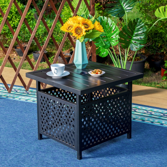 MF Studio Outdoor Metal Bistro Side Table Patio End Table with Umbrella Hole, Black
