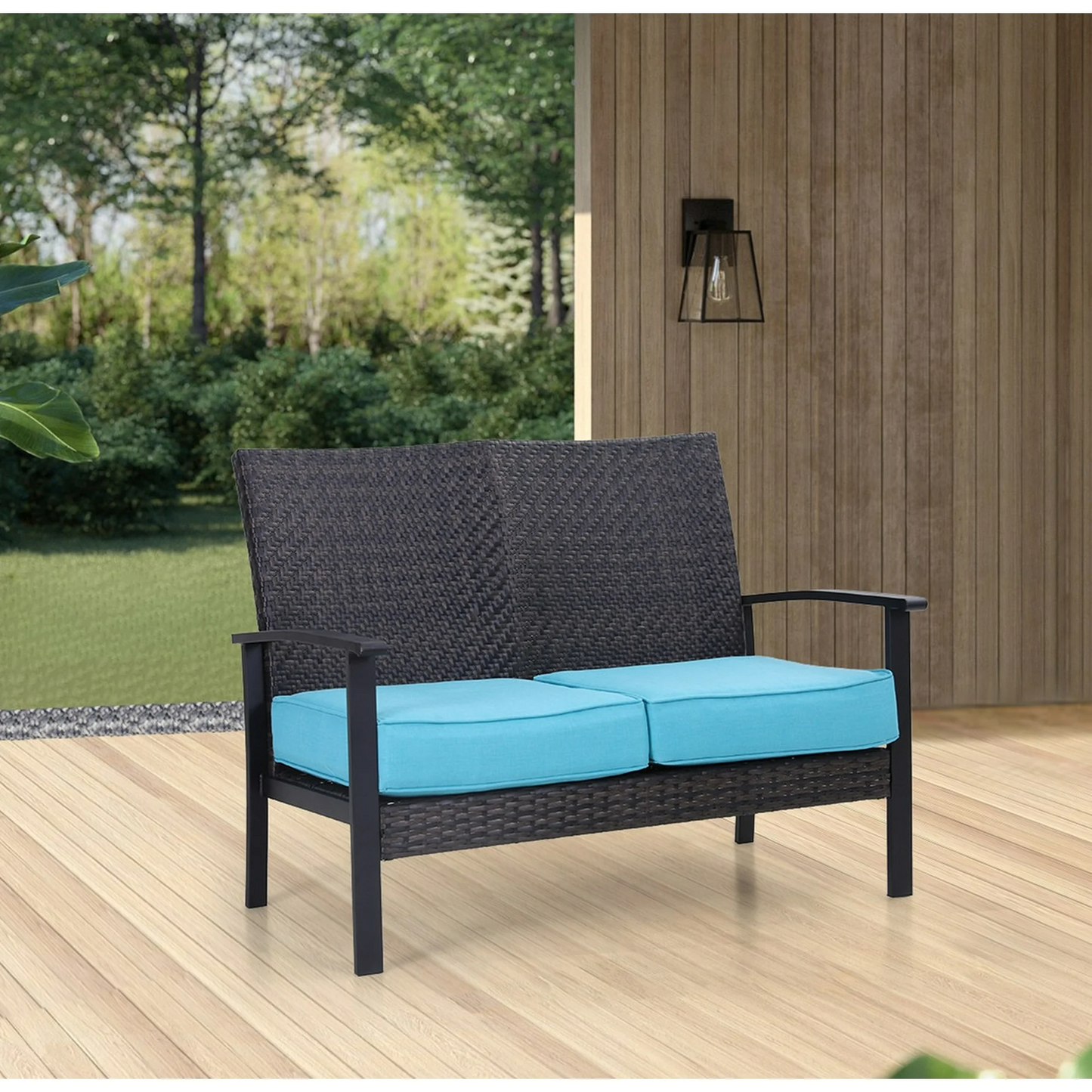 MF Studio Outdoor Patio Rattan Wicker Conversation Set Loveseat Sofa with Aqua Cushions