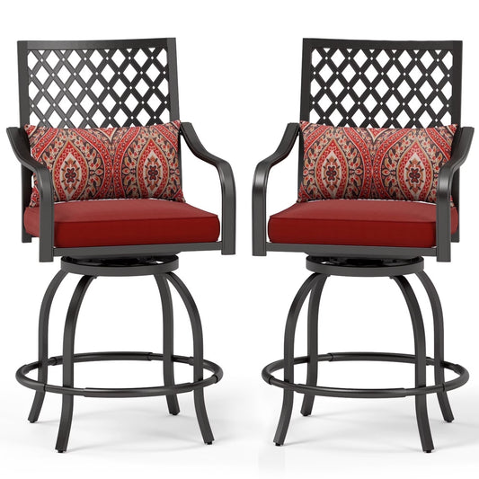 SUMMIT LIVING High Top Outdoor Swivel Bar Stools Set of 2, Patio Counter Height Chairs with Seat and Back Cushion, Red