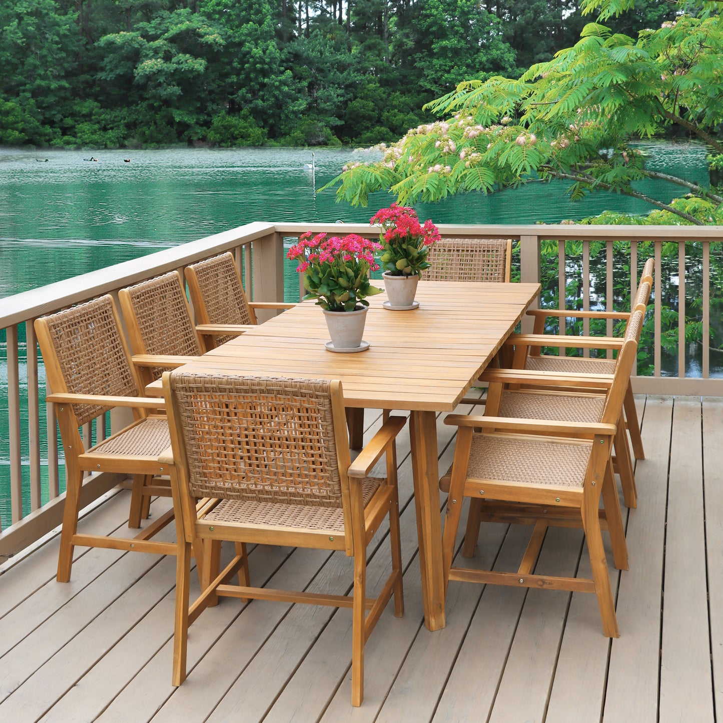SUMMIT LIVING 9-Piece Acacia Wood Outdoor Patio Dining set with 8 Wooden Chairs (Weight Capacity 350 lbs) with Rattan Seat & Back and Acacia Wood Table