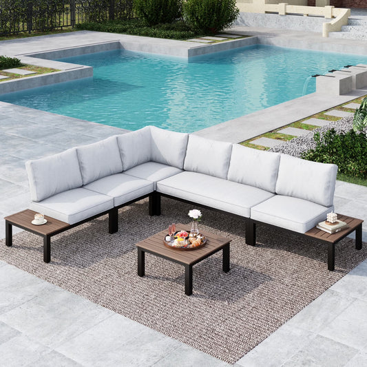 MF Studio 6-Piece Metal Outdoor Patio Furniture set with Wood-Grain Coffee Table, 6-Seat Outdoor Patio Sectional Conversation Set with Side Table, Gray