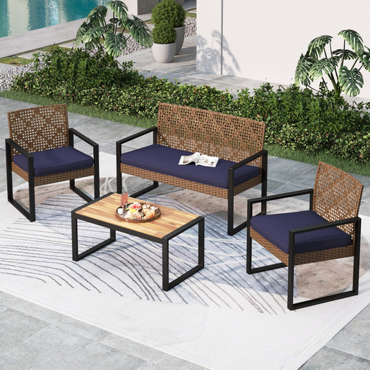 Summit Living 4-Piece Patio Conversation Set, All-Weather Wicker Outdoor Furniture, Brown & Navy Blue