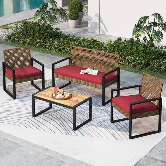 Summit Living 4-Piece Patio Conversation Set, All-Weather Wicker Outdoor Furniture, Brown & Red