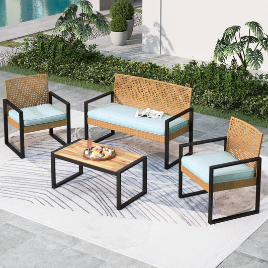 Summit Living 4-Piece Patio Conversation Set, All-Weather Wicker Outdoor Furniture, Yellow & Mint Green