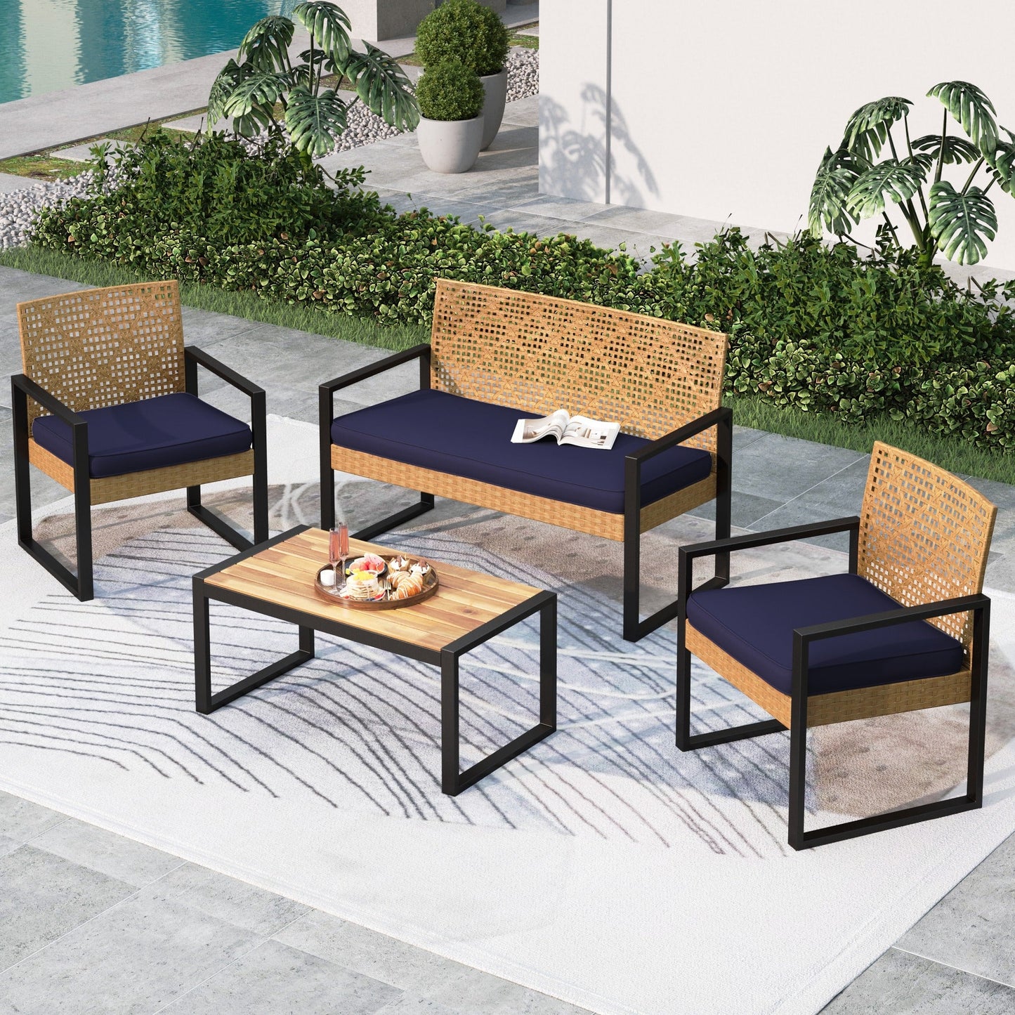 Summit Living 4-Piece Patio Conversation Set, All-Weather Wicker Outdoor Furniture, Yellow & Navy Blue