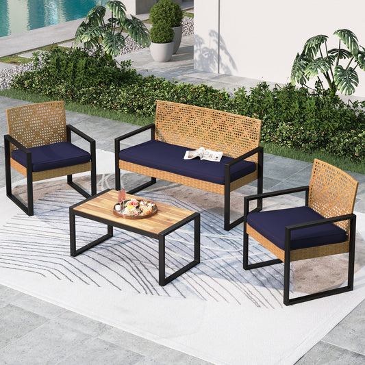 Summit Living 4-Piece Patio Conversation Set, All-Weather Wicker Outdoor Furniture, Yellow & Navy Blue